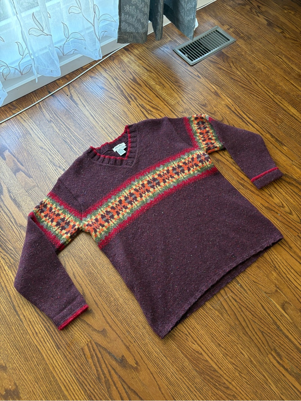 Eddie Bauer Burgundy V-Neck Sweater with Multicolor Fair Isle Yoke